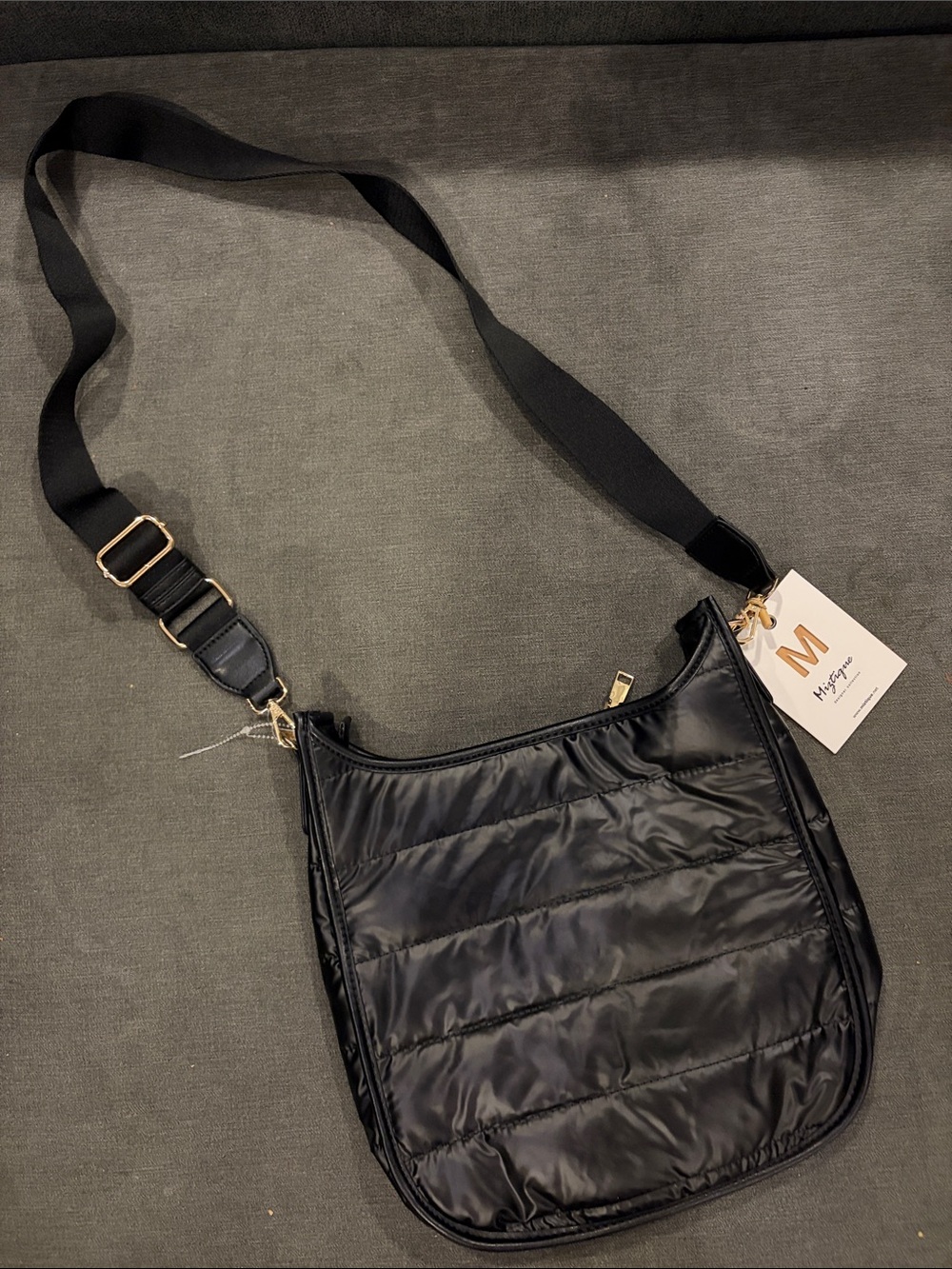 NWT Miztique Black Crossbody Puffer Bag with Gold Hardware